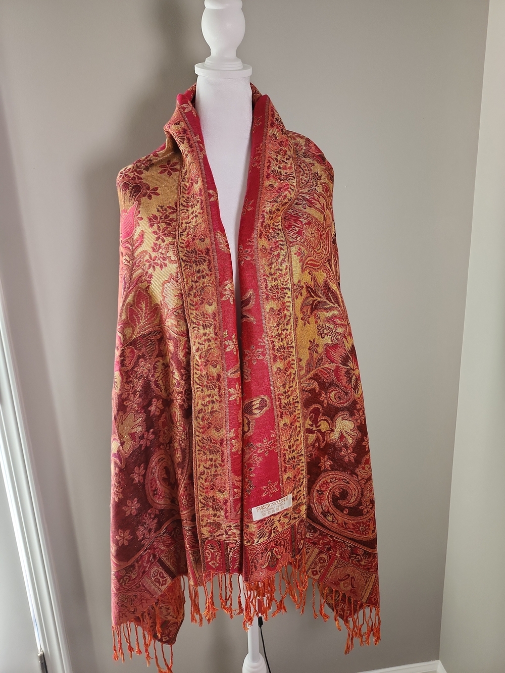 pashmina Silk Red and Gold Paisley Pashmina Shawl Large